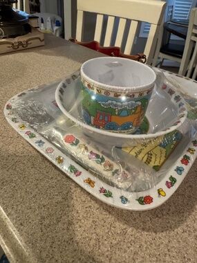 Golden book Vintage plate, bowl, cup, silverware